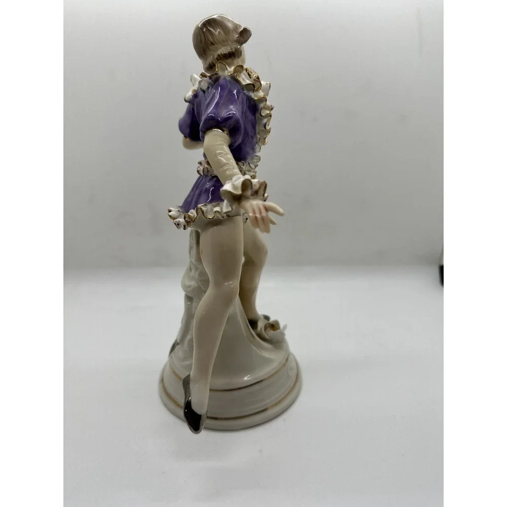 Vintage Porcelain Victorian Style Dancing Lady Figurine Ruffle Gold‎ Trim Dress